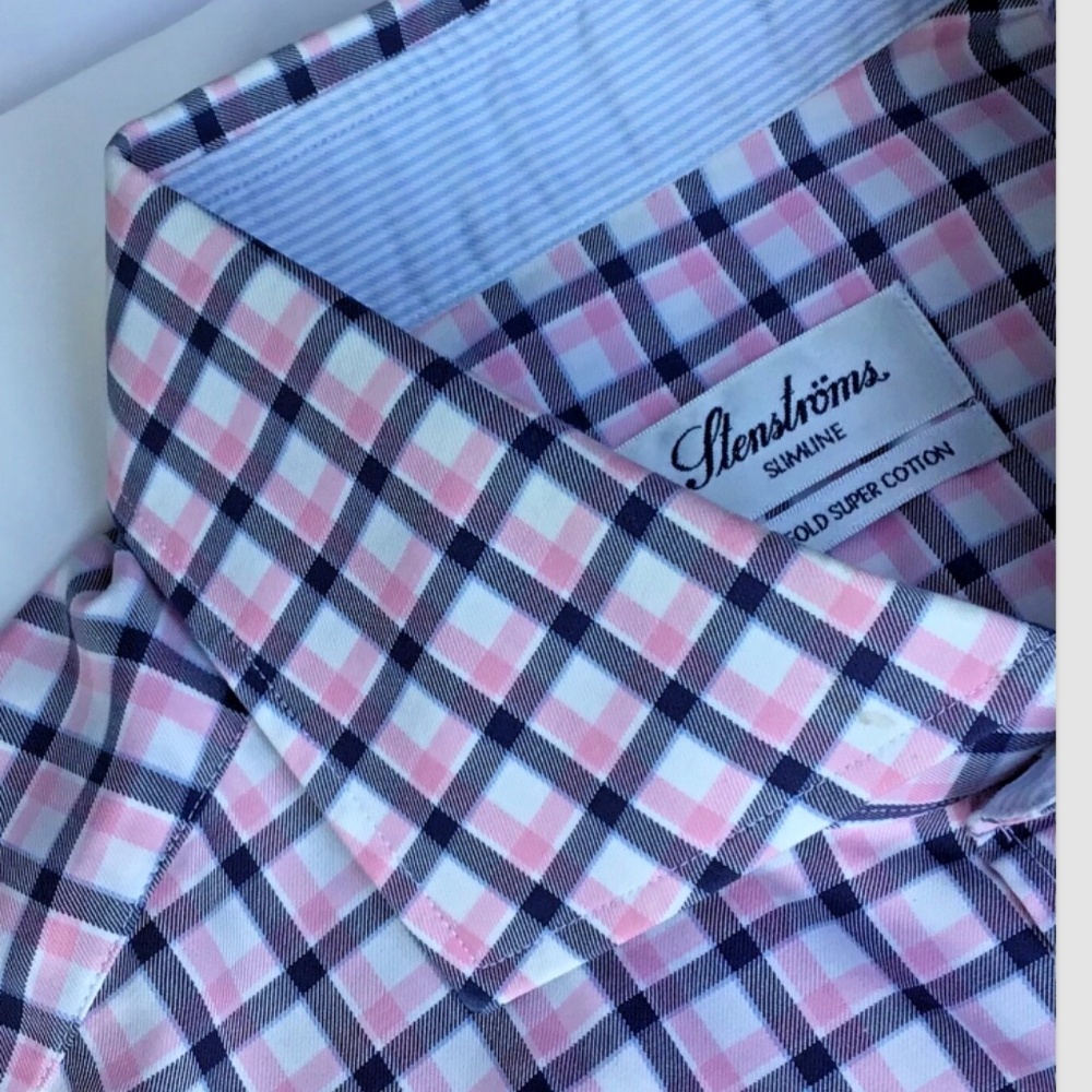 Stenstroms slimline  grey & pink checkered 2 fold cotton dress shirt Sz 16.5/42